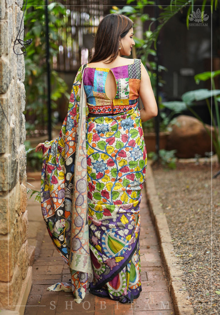 Hand Kalamkari on Chennuri silk with florals and Radha Krishna Pallu