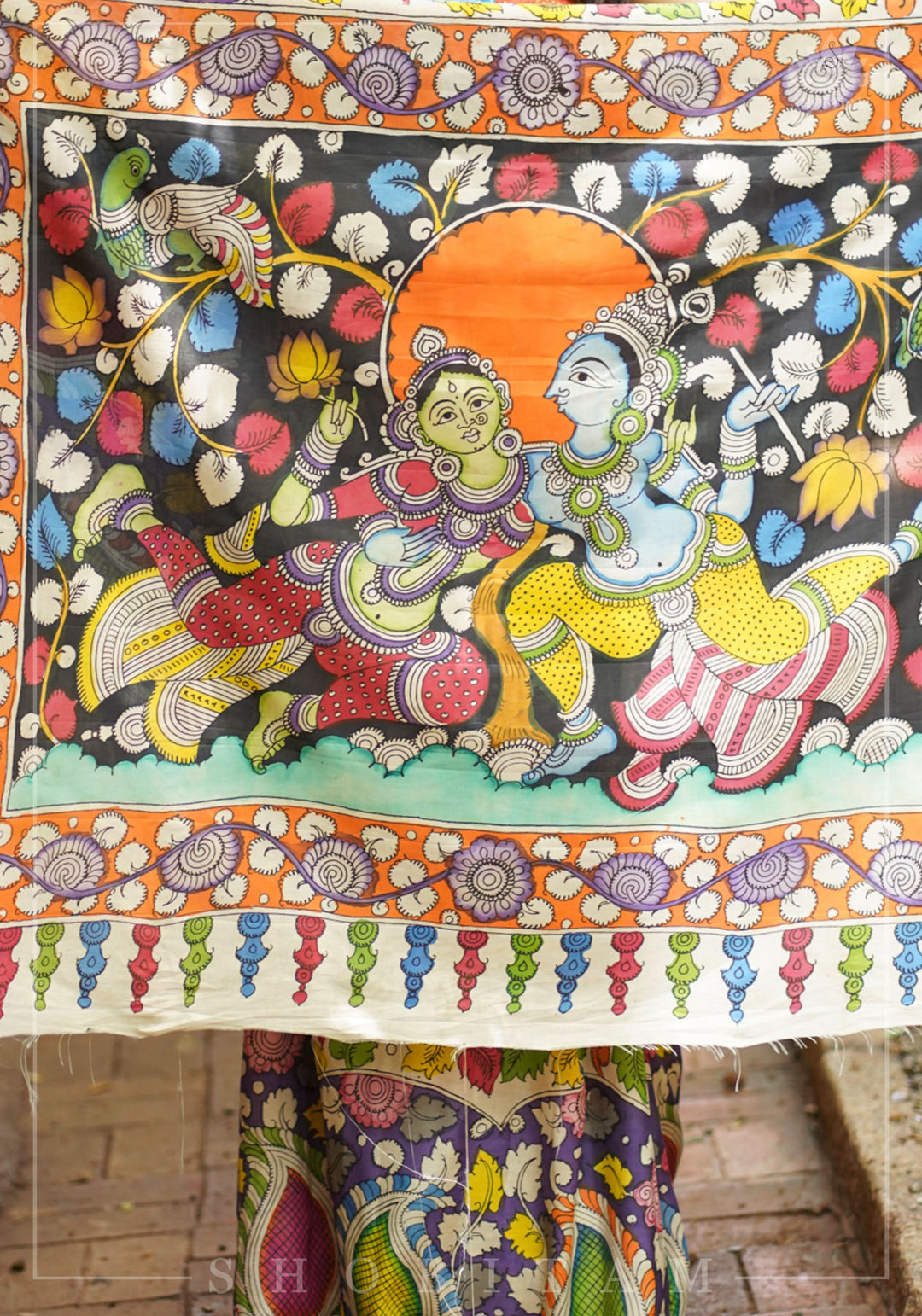 Hand Kalamkari on Chennuri silk with florals and Radha Krishna Pallu