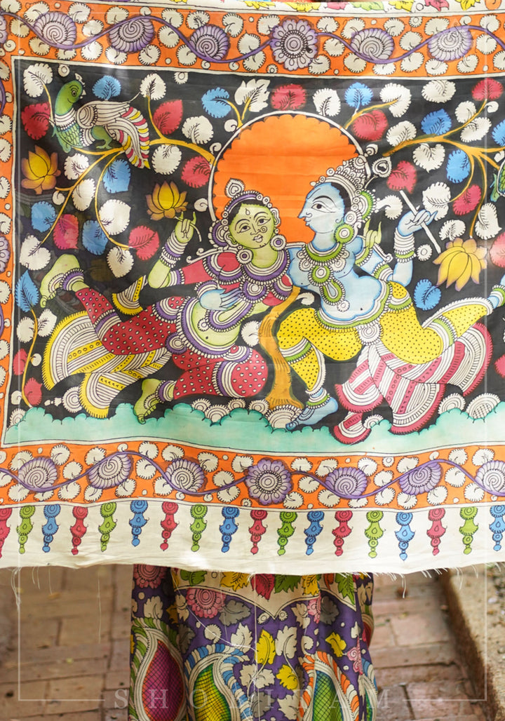Hand Kalamkari on Chennuri silk with florals and Radha Krishna Pallu