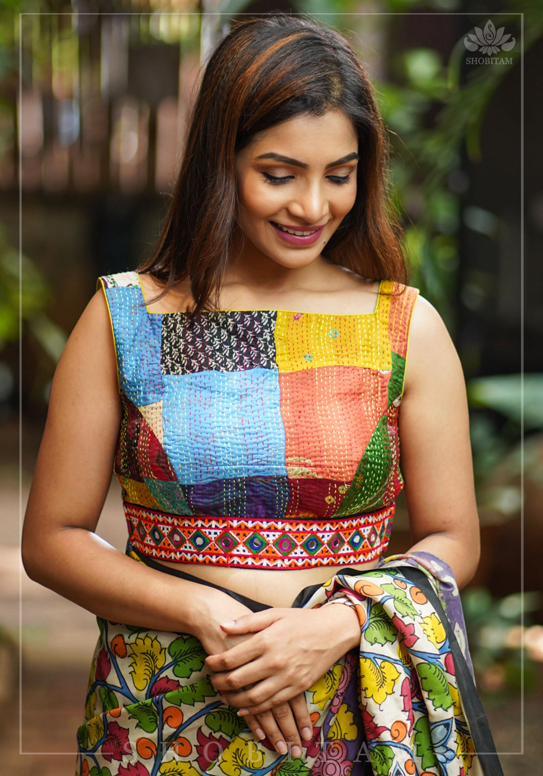 Kantha Patch Work Multicolor Boat Neck Cotton Blouse with Kutch Embroidery detailing