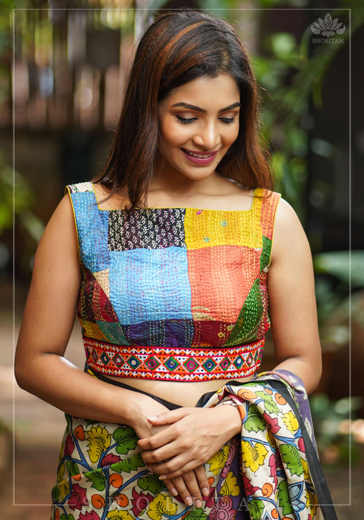 Kantha Patch Work Multicolor Boat Neck Cotton Blouse with Kutch Embroidery detailing