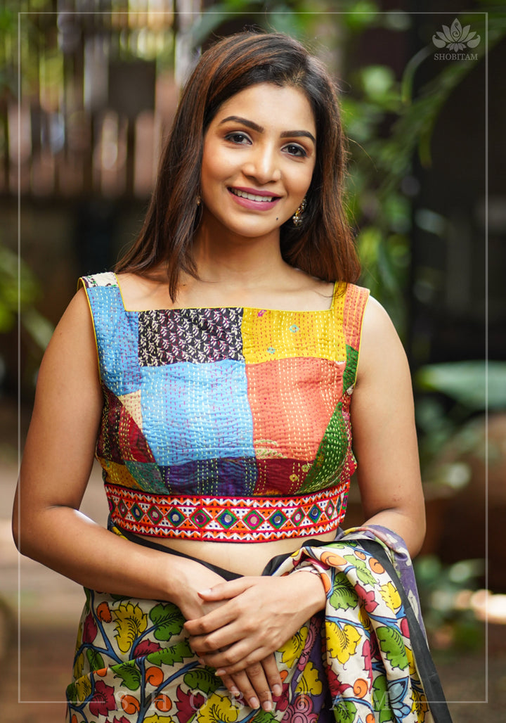Kantha Patch Work Multicolor Boat Neck Cotton Blouse with Kutch Embroidery detailing