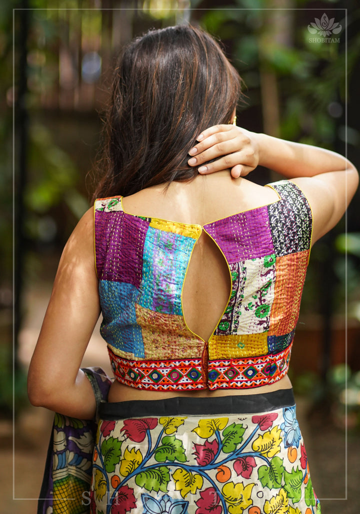 Kantha Patch Work Multicolor Boat Neck Cotton Blouse with Kutch Embroidery detailing