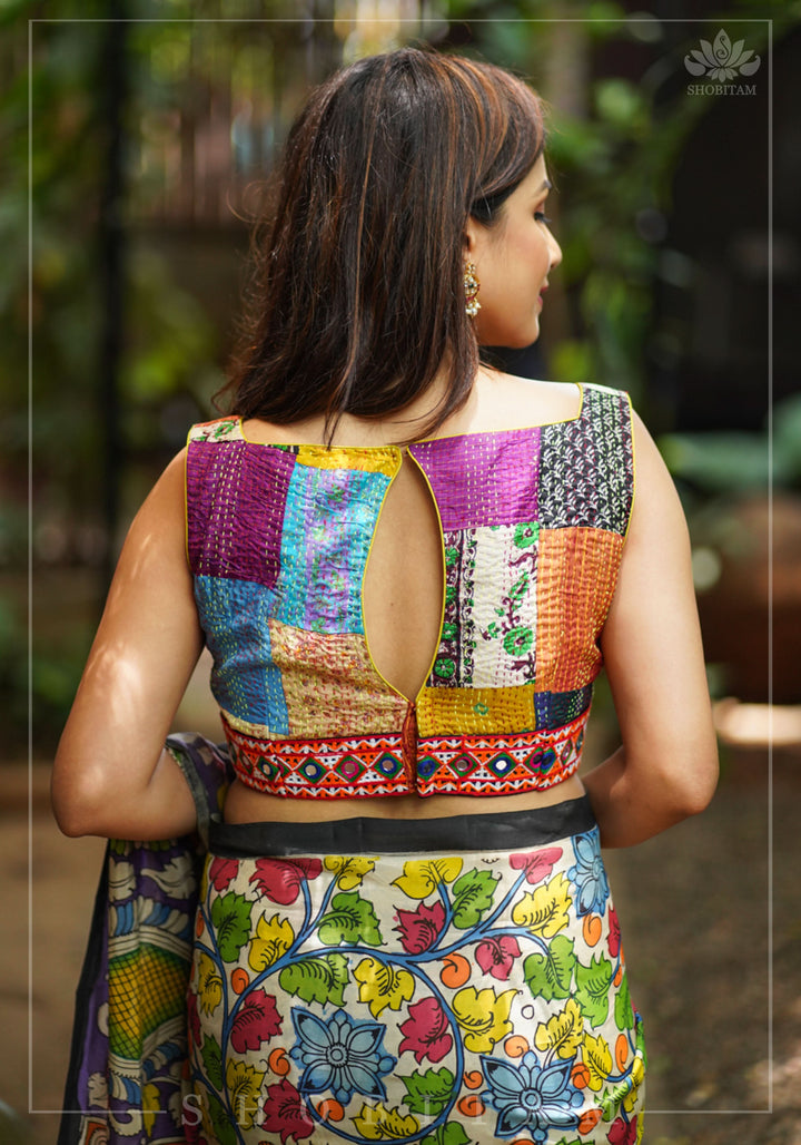 Kantha Patch Work Multicolor Boat Neck Cotton Blouse with Kutch Embroidery detailing