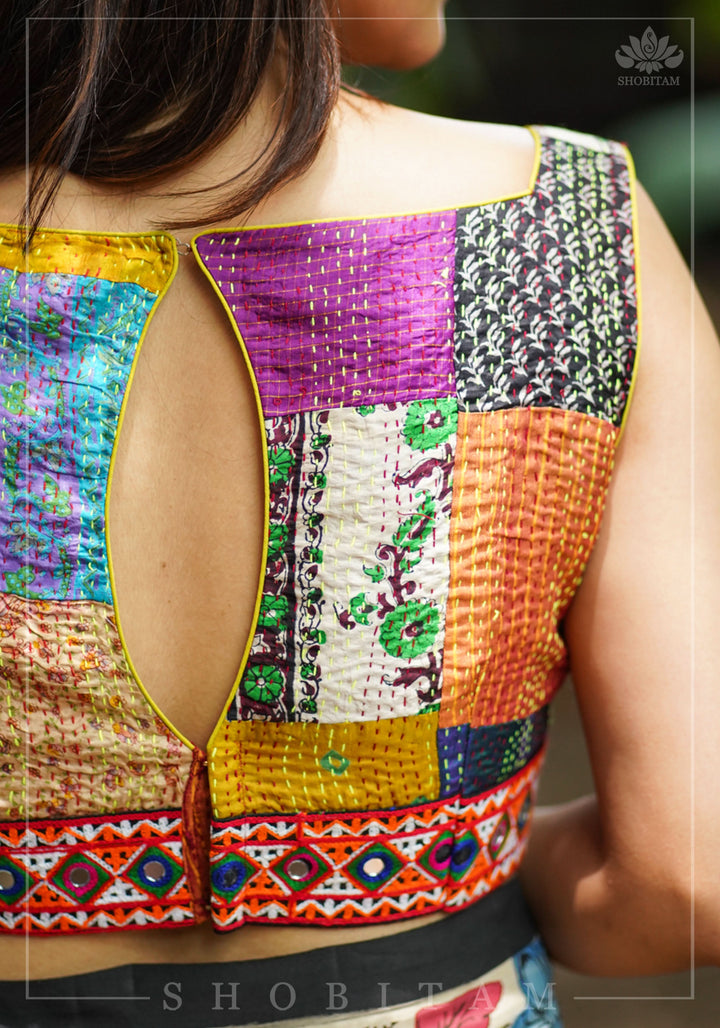 Kantha Patch Work Multicolor Boat Neck Cotton Blouse with Kutch Embroidery detailing