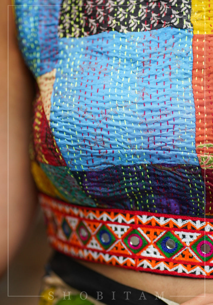 Kantha Patch Work Multicolor Boat Neck Cotton Blouse with Kutch Embroidery detailing