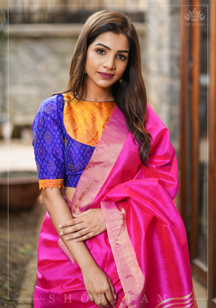 Asymmetric Cutout Pure Silk Ikkat Raw Silk and kanjivaram Silk brocade Fusion Blouse