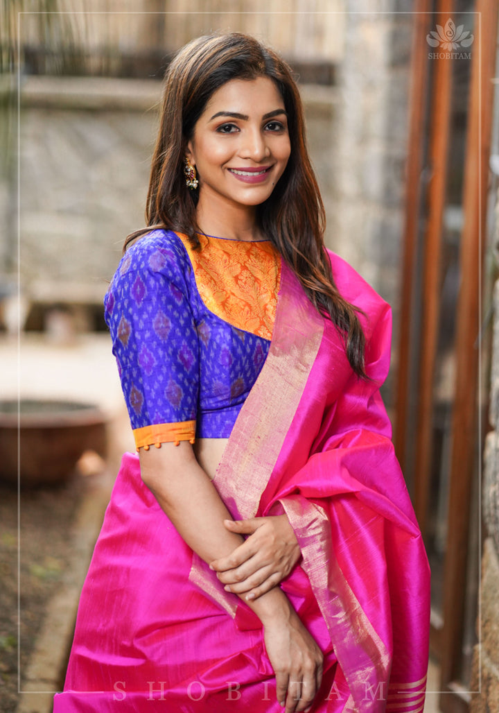 Asymmetric Cutout Pure Silk Ikkat Raw Silk and kanjivaram Silk brocade Fusion Blouse