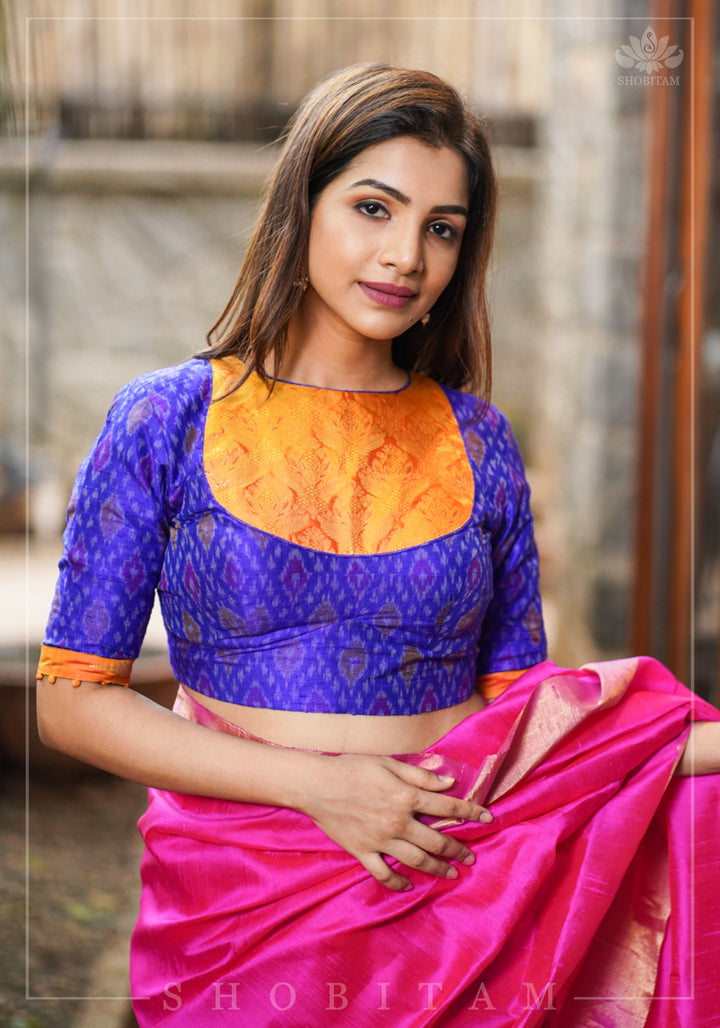 Asymmetric Cutout Pure Silk Ikkat Raw Silk and kanjivaram Silk brocade Fusion Blouse