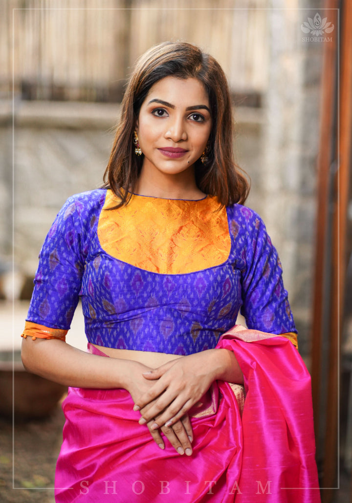 Asymmetric Cutout Pure Silk Ikkat Raw Silk and kanjivaram Silk brocade Fusion Blouse