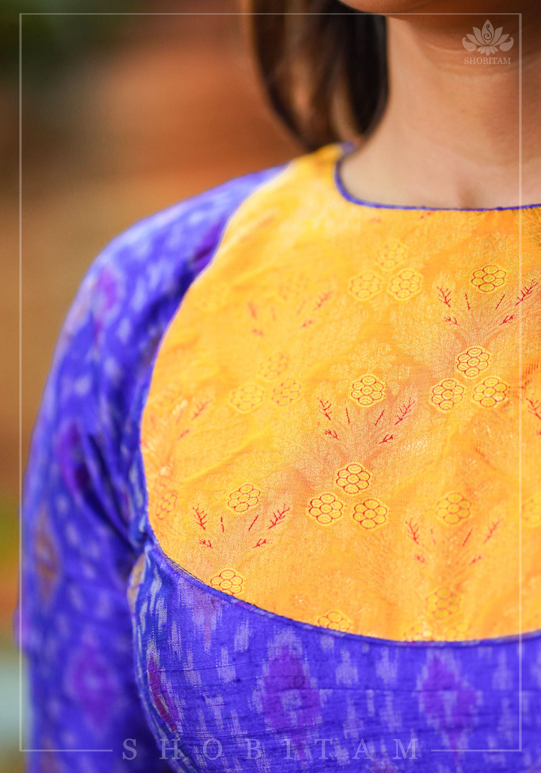 Asymmetric Cutout Pure Silk Ikkat Raw Silk and kanjivaram Silk brocade Fusion Blouse