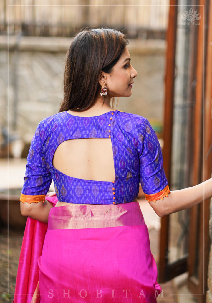 Asymmetric Cutout Pure Silk Ikkat Raw Silk and kanjivaram Silk brocade Fusion Blouse