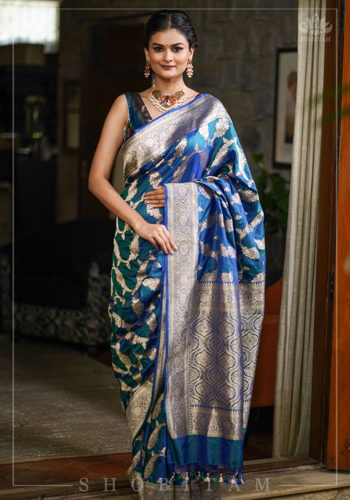 Exquisite Banarasi Floral Jaal Pure Katan Silk Saree in Peacock Blue Green Dual Tone | SILK MARK CERTIFIED