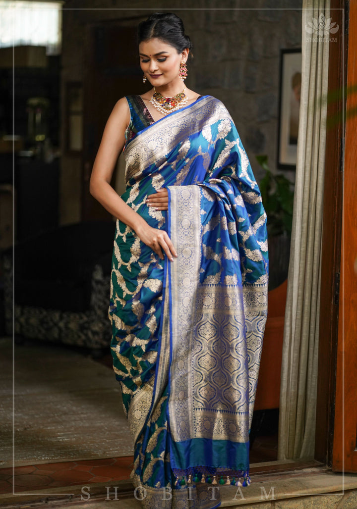 Exquisite Banarasi Floral Jaal Pure Katan Silk Saree in Peacock Blue Green Dual Tone | SILK MARK CERTIFIED