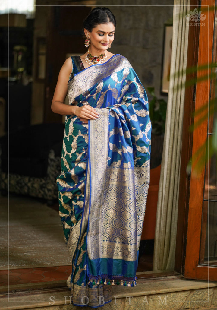 Exquisite Banarasi Floral Jaal Pure Katan Silk Saree in Peacock Blue Green Dual Tone | SILK MARK CERTIFIED