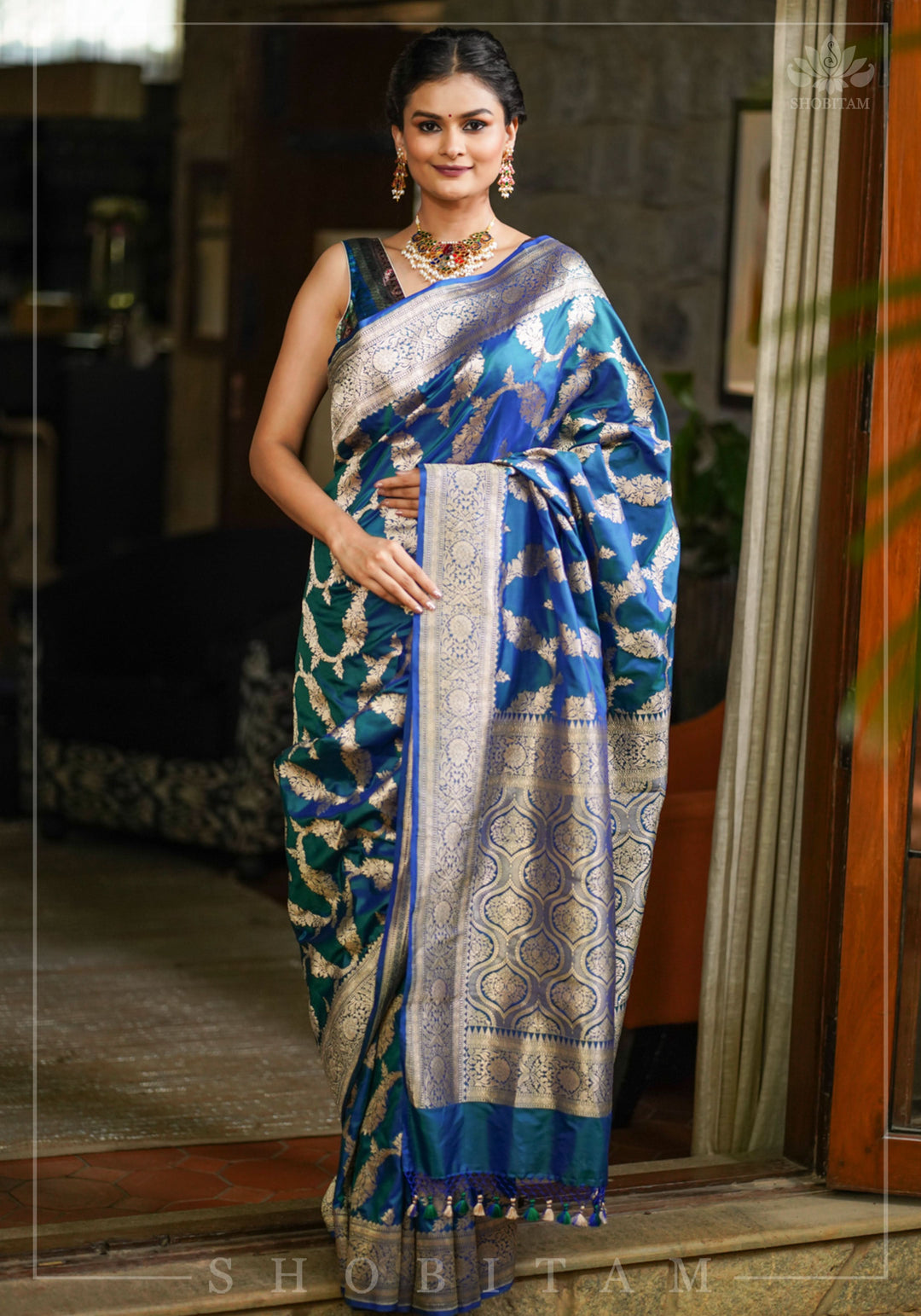 Exquisite Banarasi Floral Jaal Pure Katan Silk Saree in Peacock Blue Green Dual Tone | SILK MARK CERTIFIED