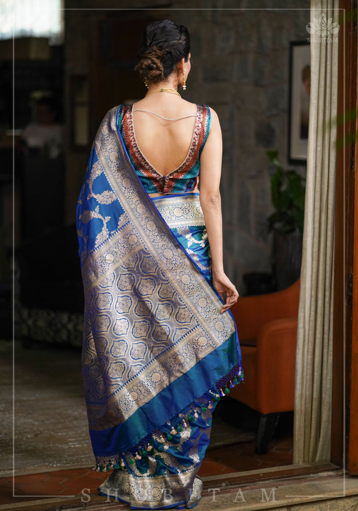 Exquisite Banarasi Floral Jaal Pure Katan Silk Saree in Peacock Blue Green Dual Tone | SILK MARK CERTIFIED