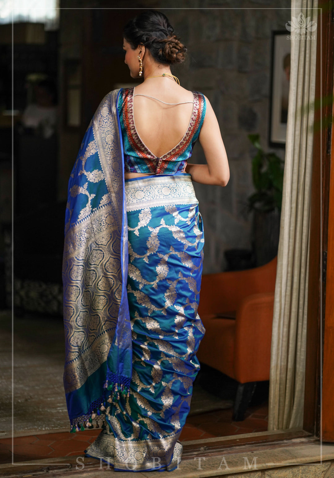 Exquisite Banarasi Floral Jaal Pure Katan Silk Saree in Peacock Blue Green Dual Tone | SILK MARK CERTIFIED