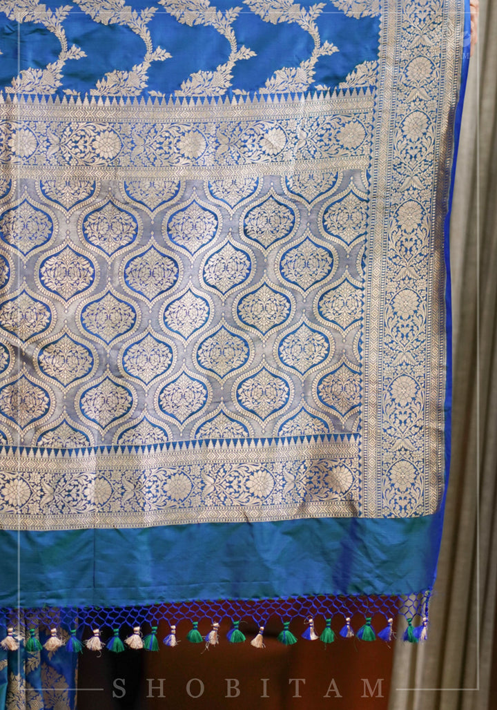 Exquisite Banarasi Floral Jaal Pure Katan Silk Saree in Peacock Blue Green Dual Tone | SILK MARK CERTIFIED