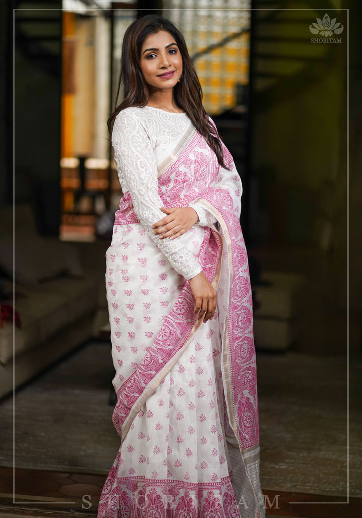 Silk Linen Saree in White with Twin Parrot Design Sanganeri Hand Block Printing | SHOBITAM
