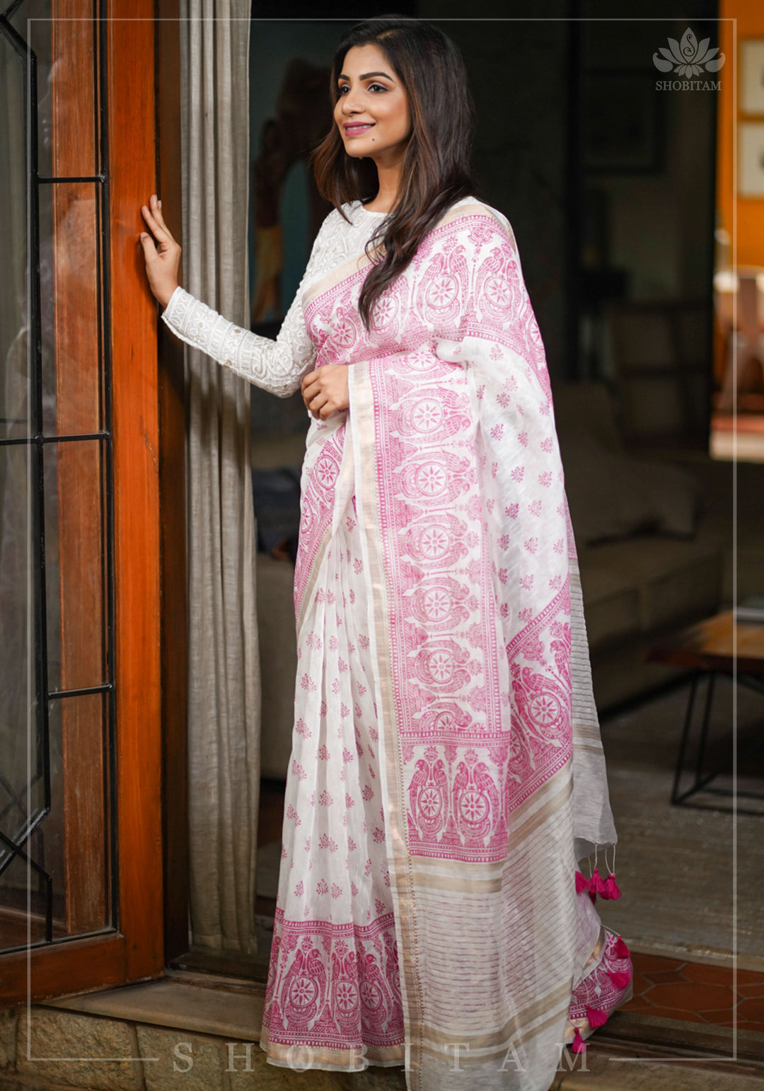 Silk Linen Saree in White with Twin Parrot Design Sanganeri Hand Block Printing | SHOBITAM