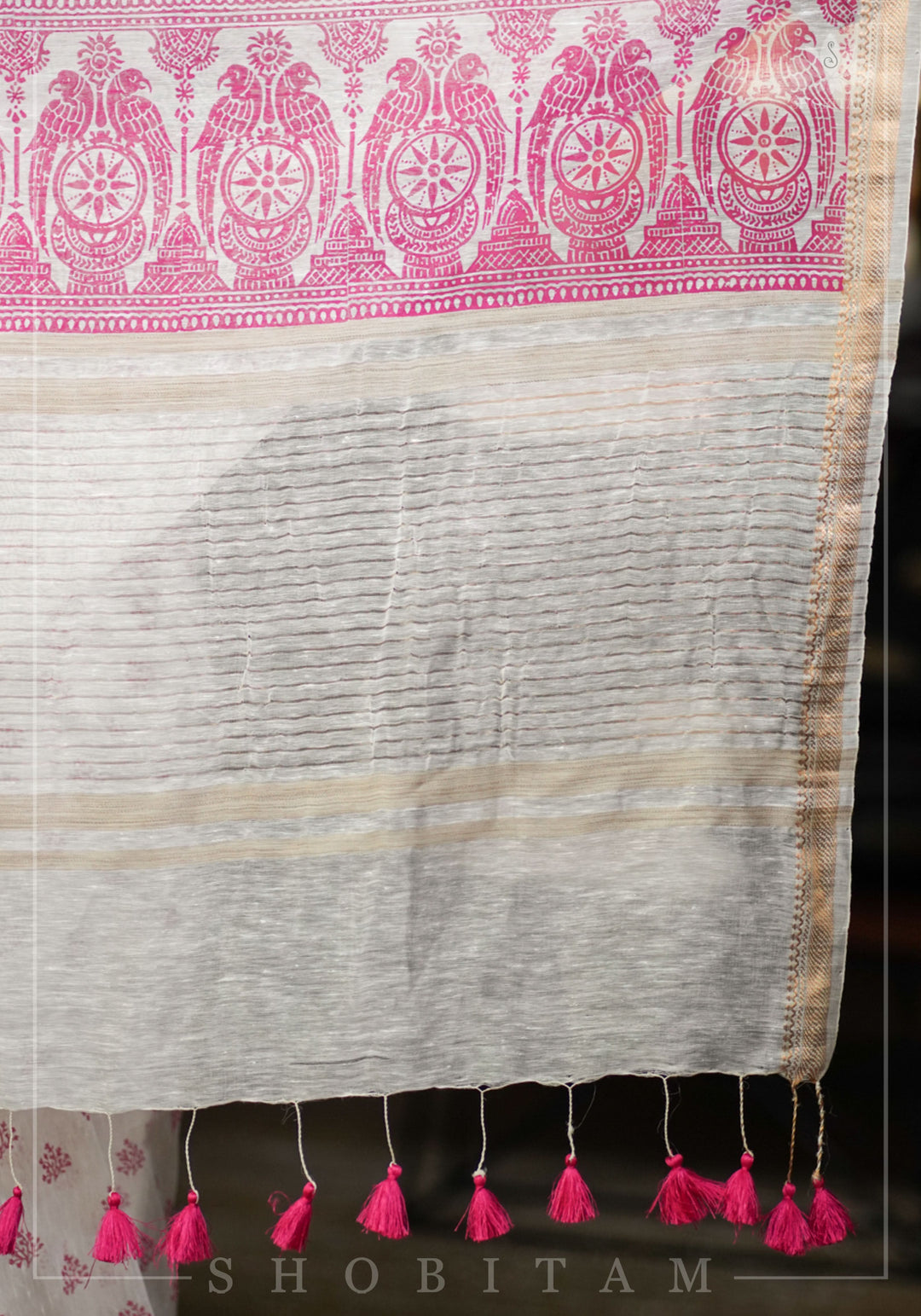 Silk Linen Saree in White with Twin Parrot Design Sanganeri Hand Block Printing | SHOBITAM