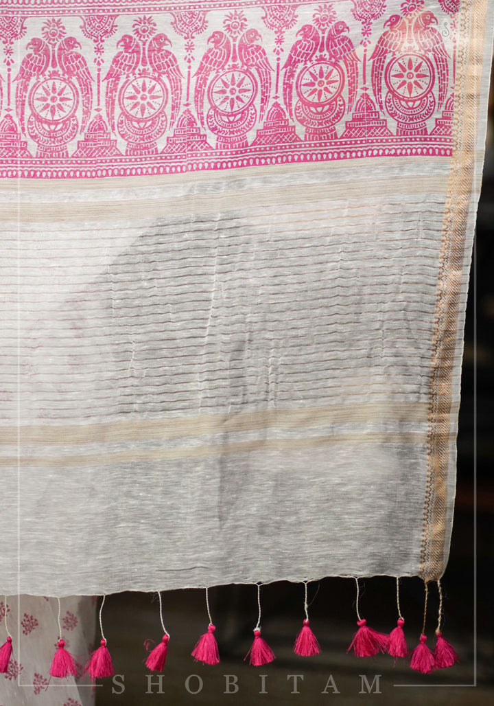 Silk Linen Saree in White with Twin Parrot Design Sanganeri Hand Block Printing | SHOBITAM