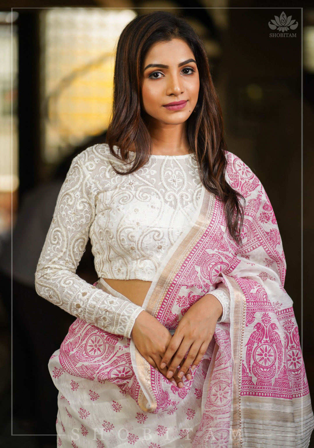 Chikankari style Full Jaal machine embroidered full sleeves blouse in Ivory Georgette with Gold tone highlights