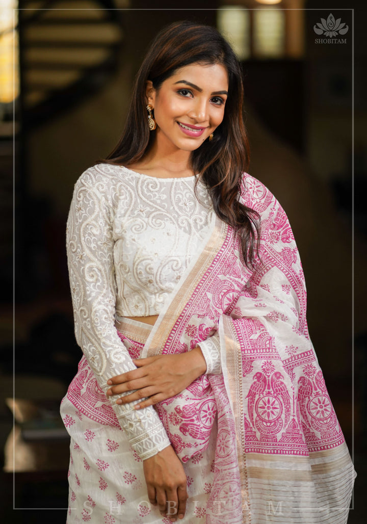 Chikankari style Full Jaal machine embroidered full sleeves blouse in Ivory Georgette with Gold tone highlights