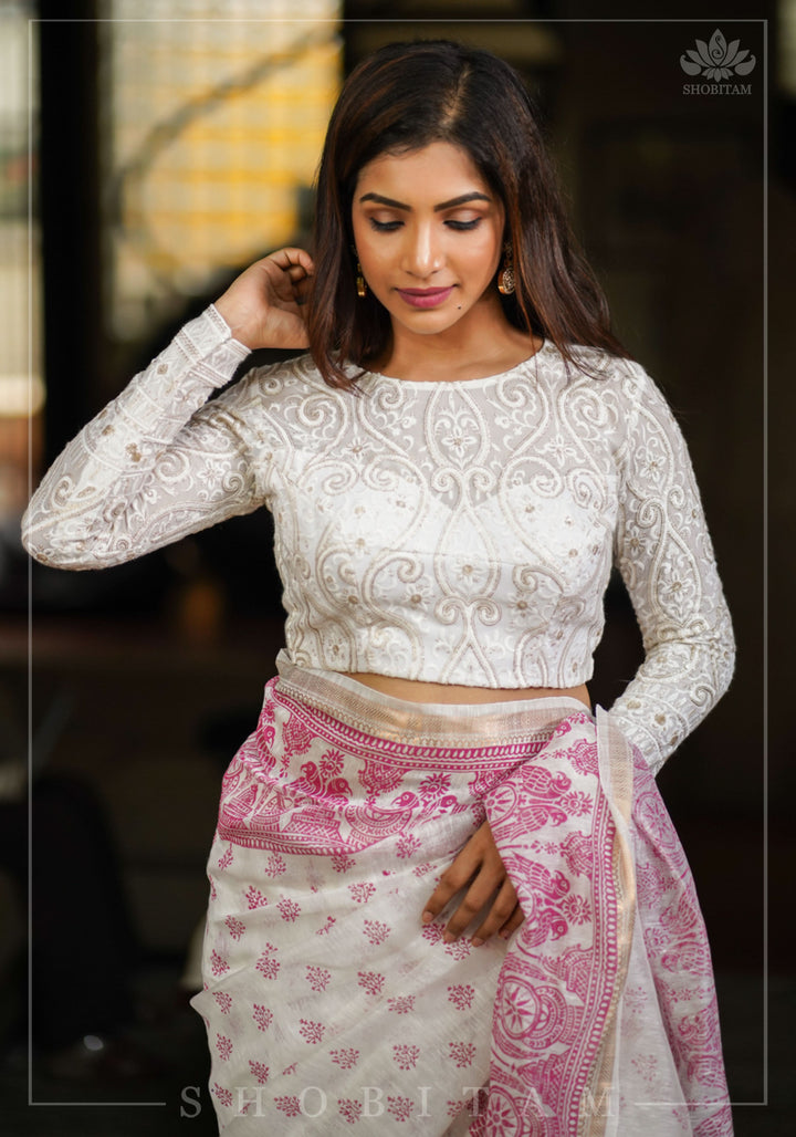 Chikankari style Full Jaal machine embroidered full sleeves blouse in Ivory Georgette with Gold tone highlights