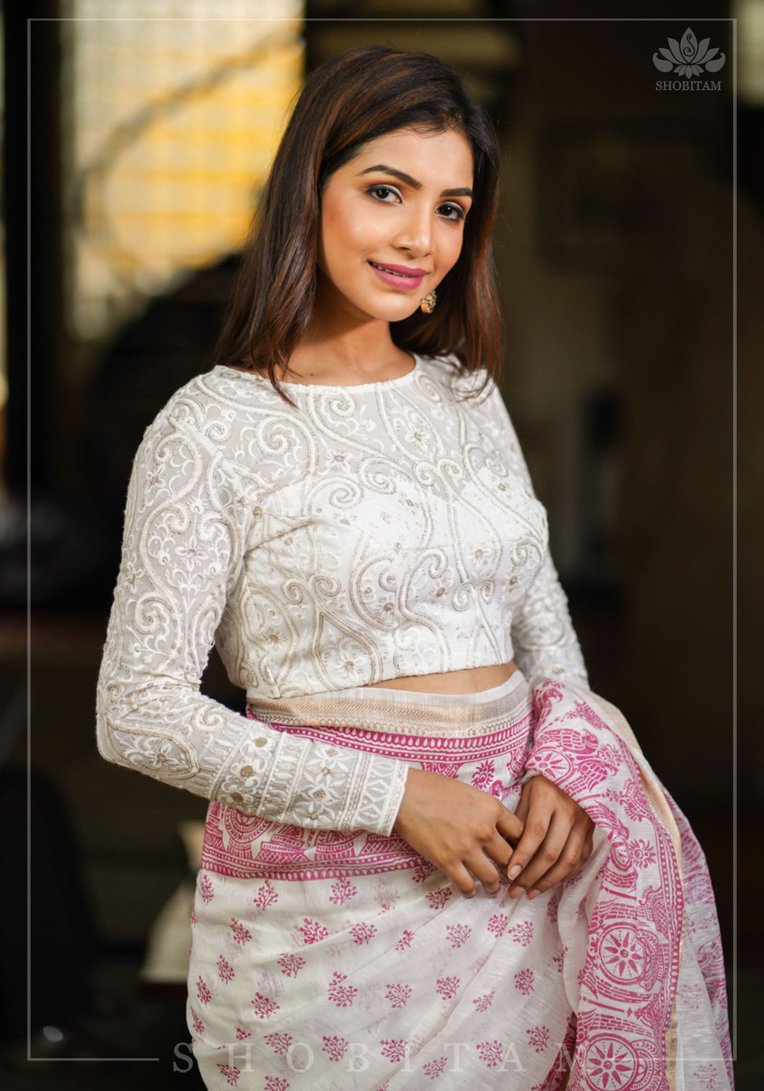 Chikankari style Full Jaal machine embroidered full sleeves blouse in Ivory Georgette with Gold tone highlights