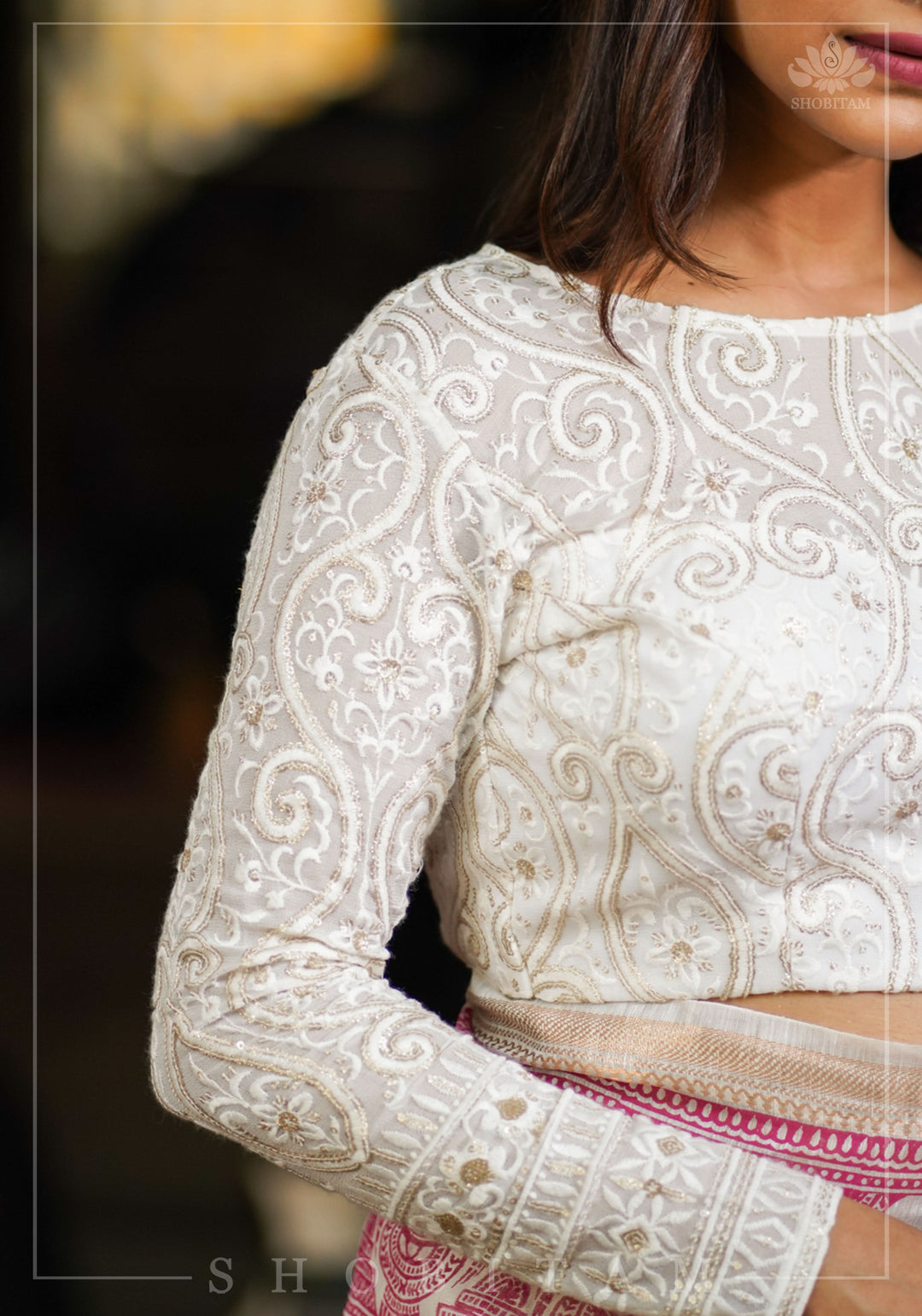Chikankari style Full Jaal machine embroidered full sleeves blouse in Ivory Georgette with Gold tone highlights