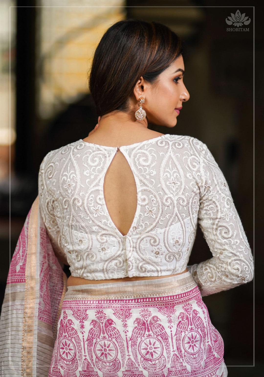 Chikankari style Full Jaal machine embroidered full sleeves blouse in Ivory Georgette with Gold tone highlights