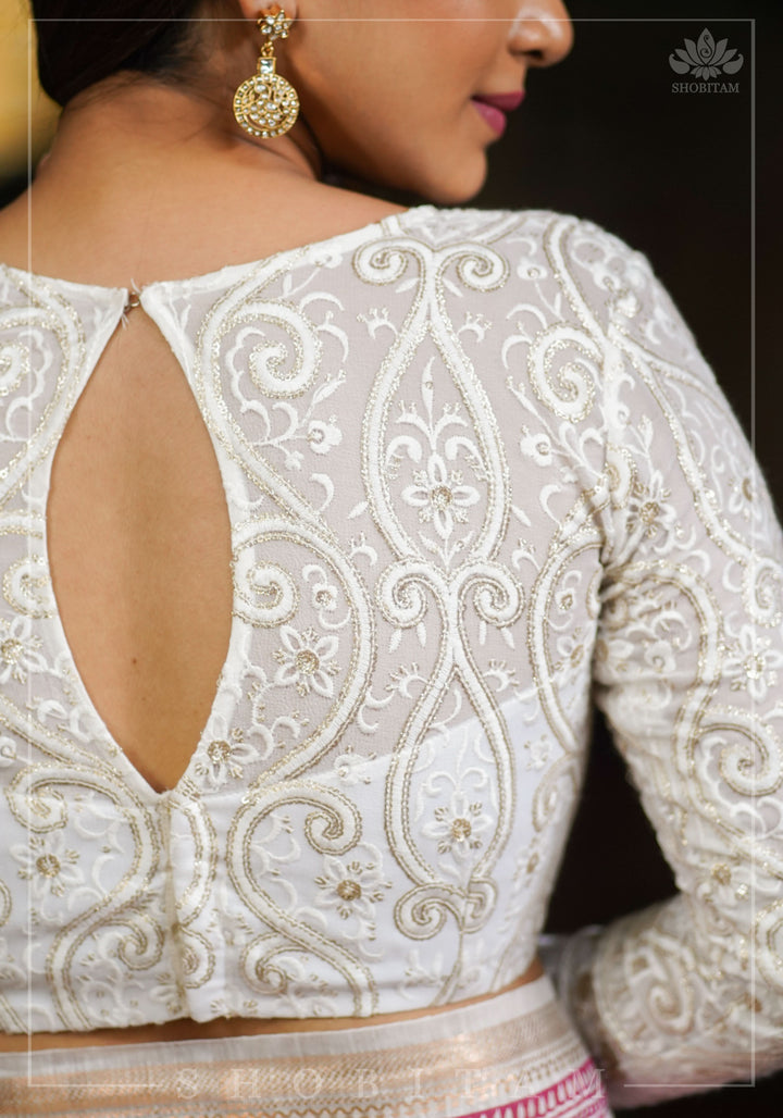 Chikankari style Full Jaal machine embroidered full sleeves blouse in Ivory Georgette with Gold tone highlights