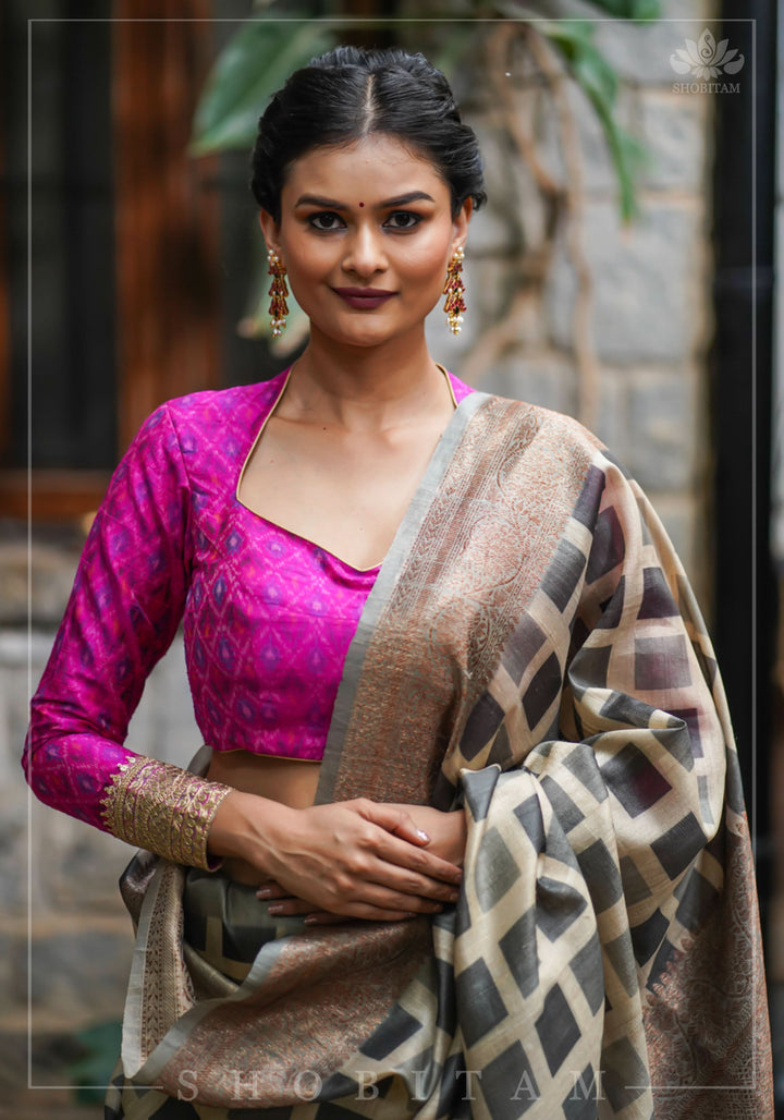 Authentic Ikkat weave on Pure Raw Silk Full Sleeve Blouse with Gotta embellishments