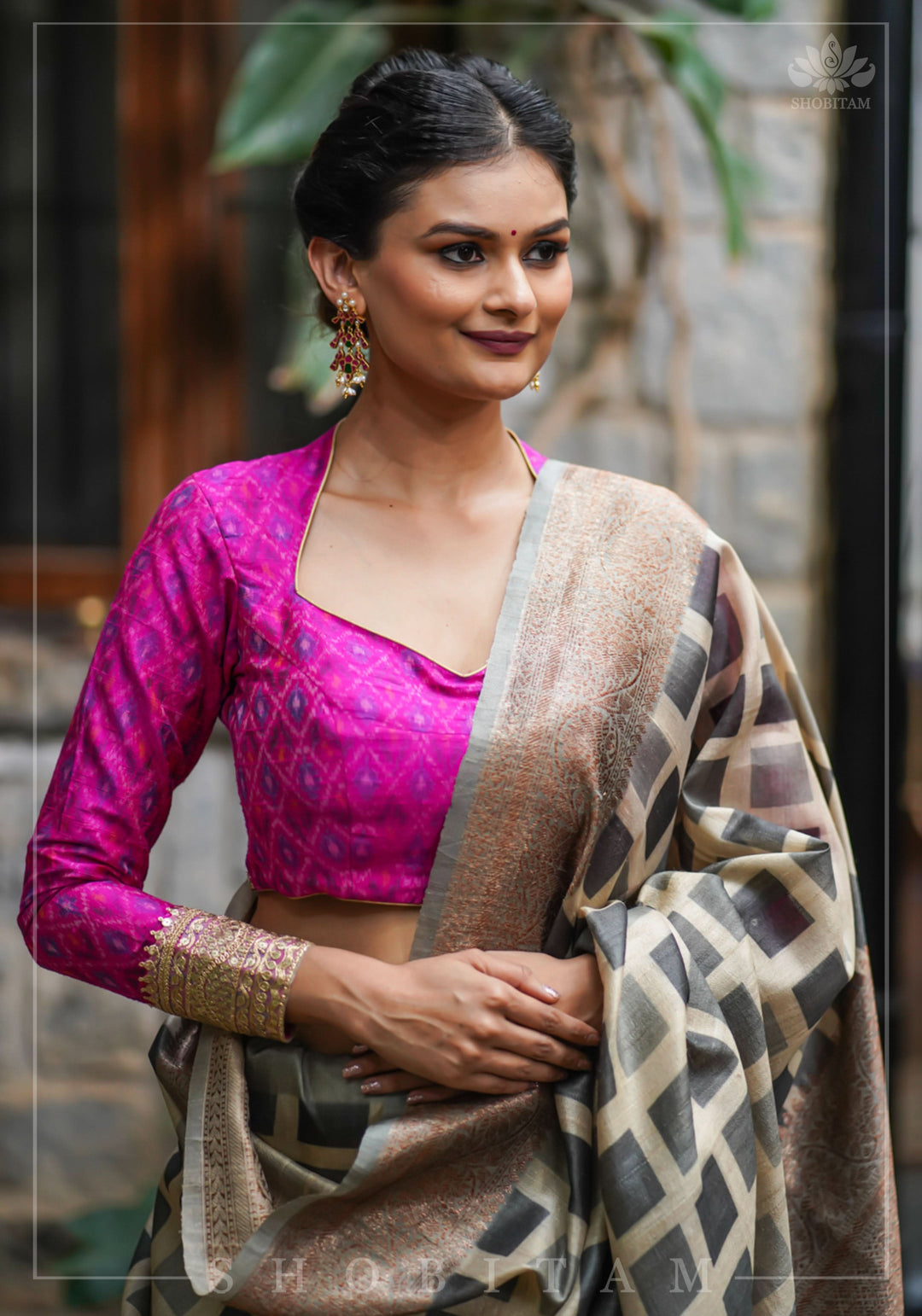 Authentic Ikkat weave on Pure Raw Silk Full Sleeve Blouse with Gotta embellishments