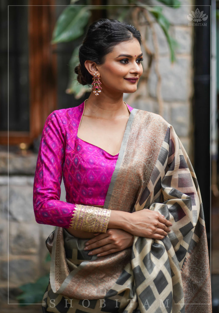 Authentic Ikkat weave on Pure Raw Silk Full Sleeve Blouse with Gotta embellishments