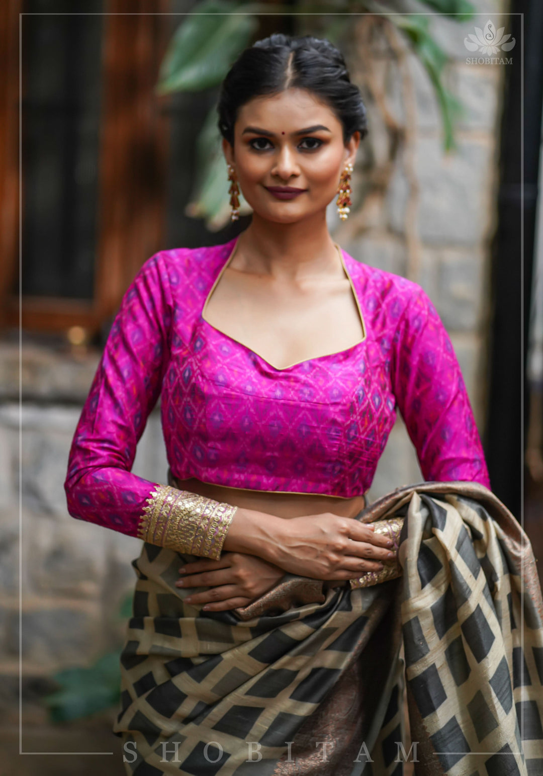 Authentic Ikkat weave on Pure Raw Silk Full Sleeve Blouse with Gotta embellishments