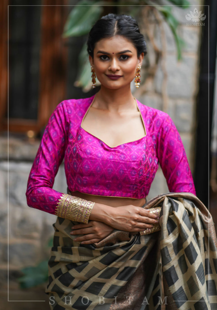 Authentic Ikkat weave on Pure Raw Silk Full Sleeve Blouse with Gotta embellishments