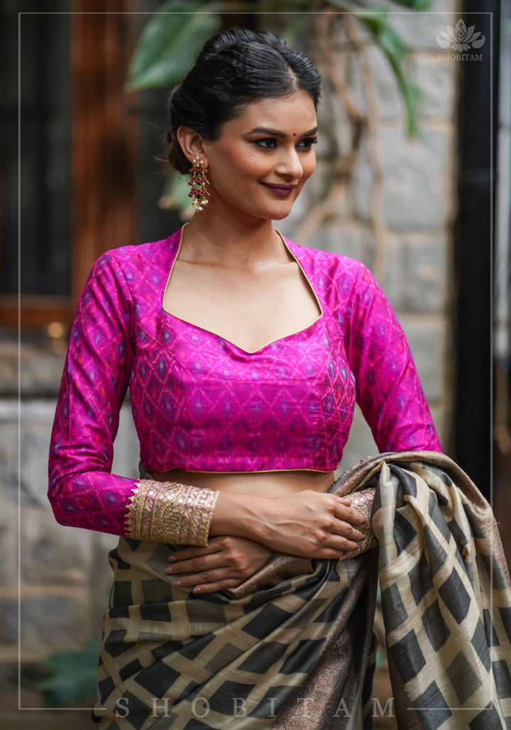 Authentic Ikkat weave on Pure Raw Silk Full Sleeve Blouse with Gotta embellishments