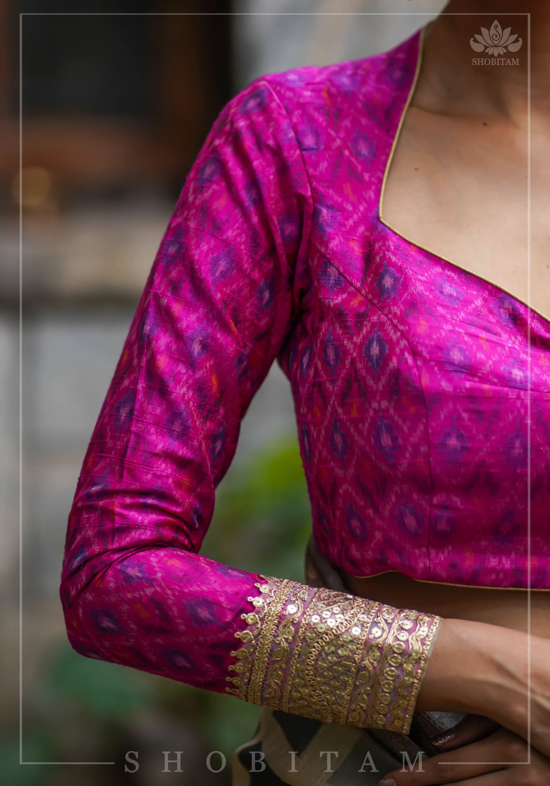 Authentic Ikkat weave on Pure Raw Silk Full Sleeve Blouse with Gotta embellishments