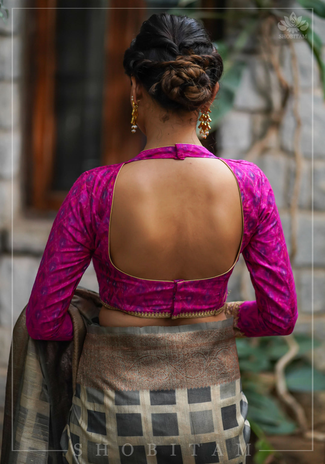 Authentic Ikkat weave on Pure Raw Silk Full Sleeve Blouse with Gotta embellishments