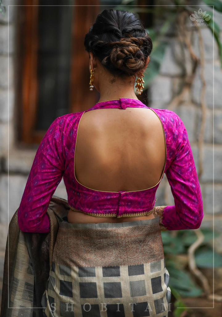 Authentic Ikkat weave on Pure Raw Silk Full Sleeve Blouse with Gotta embellishments