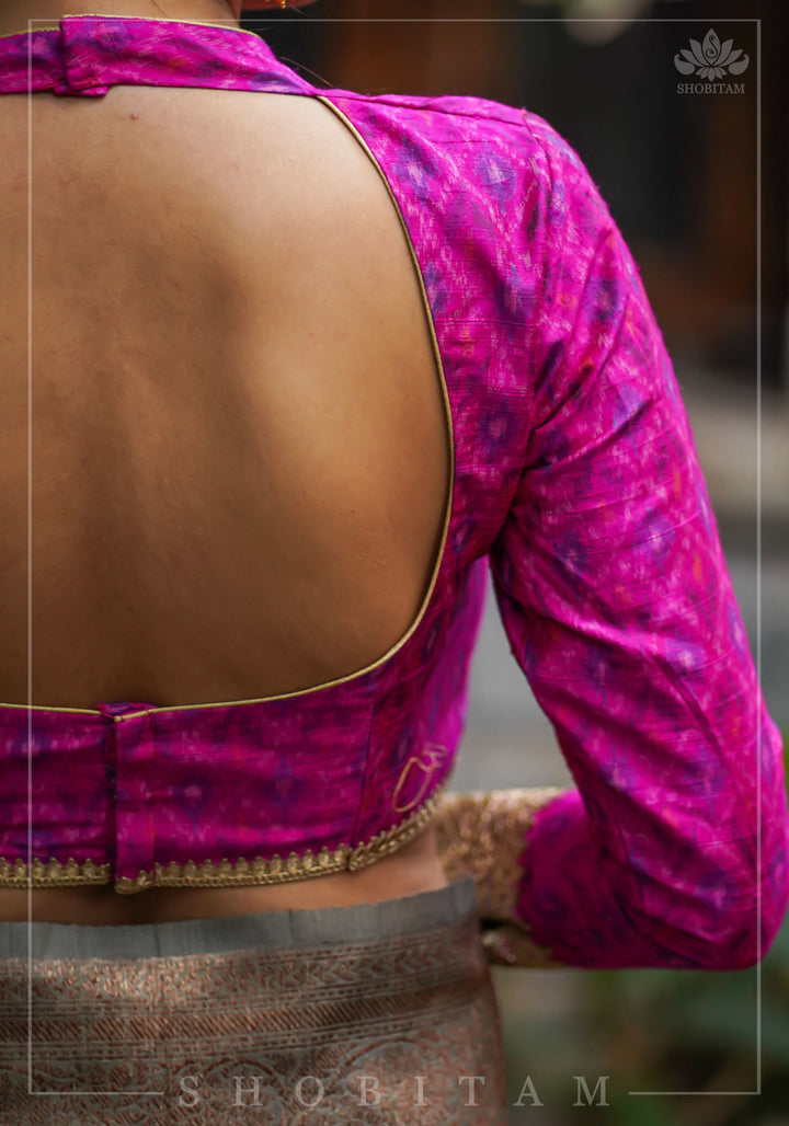 Authentic Ikkat weave on Pure Raw Silk Full Sleeve Blouse with Gotta embellishments