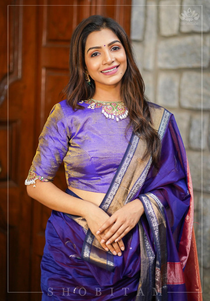 Guttapusalu and bajuband handwork on exotic Pure Tissue Raw Silk Blouse in Lilac