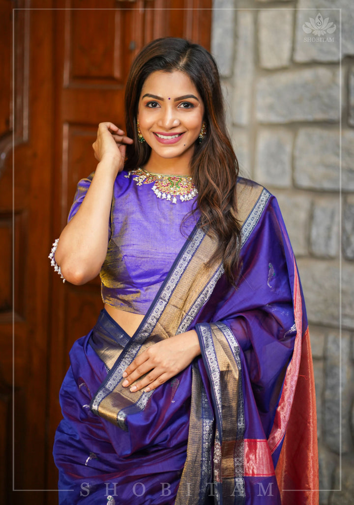 Guttapusalu and bajuband handwork on exotic Pure Tissue Raw Silk Blouse in Lilac