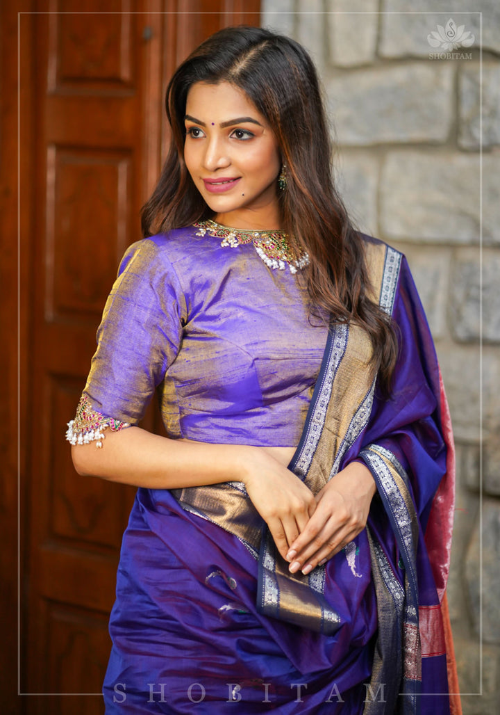 Guttapusalu and bajuband handwork on exotic Pure Tissue Raw Silk Blouse in Lilac
