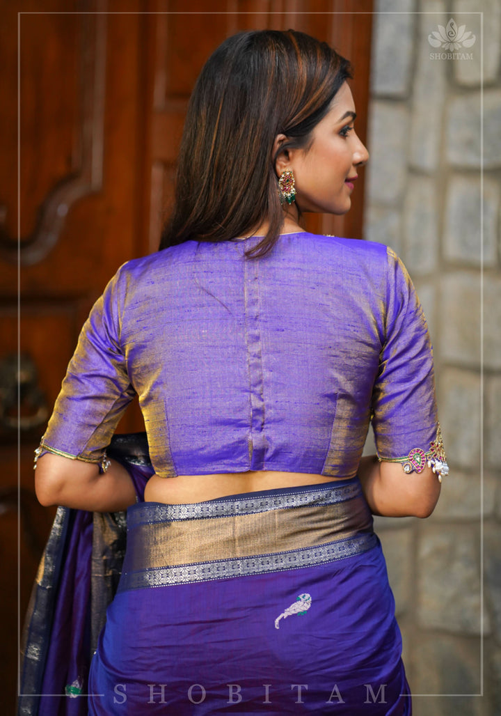 Guttapusalu and bajuband handwork on exotic Pure Tissue Raw Silk Blouse in Lilac