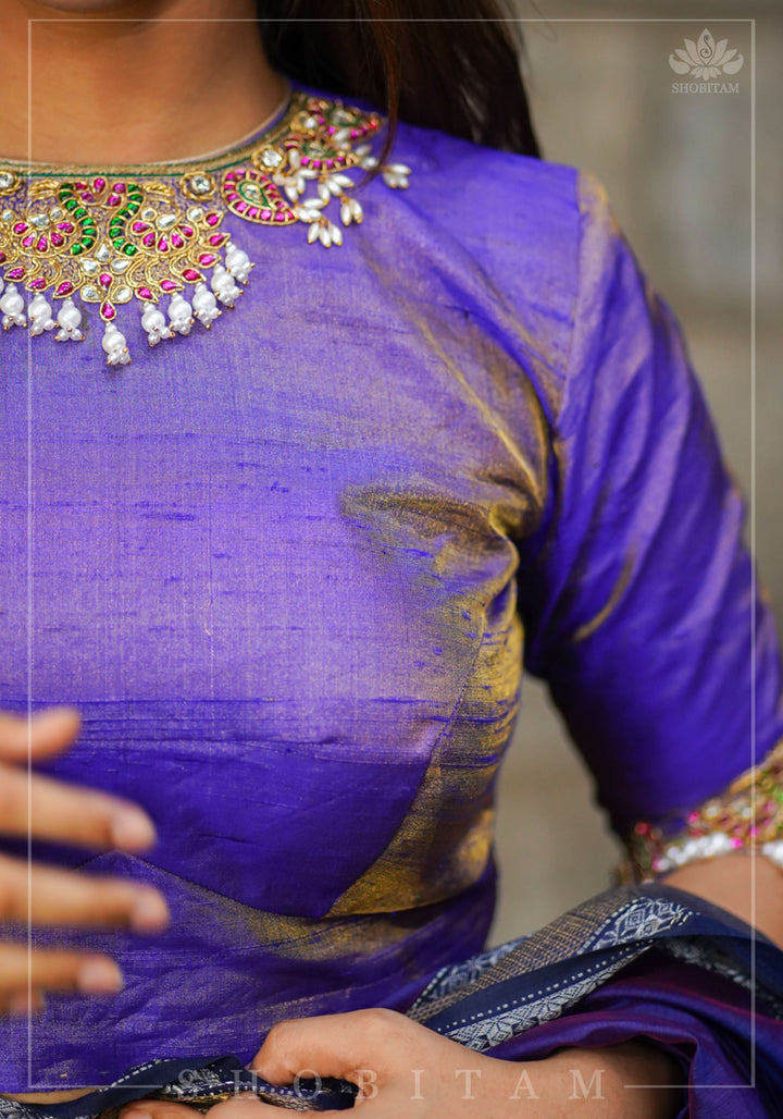 Guttapusalu and bajuband handwork on exotic Pure Tissue Raw Silk Blouse in Lilac