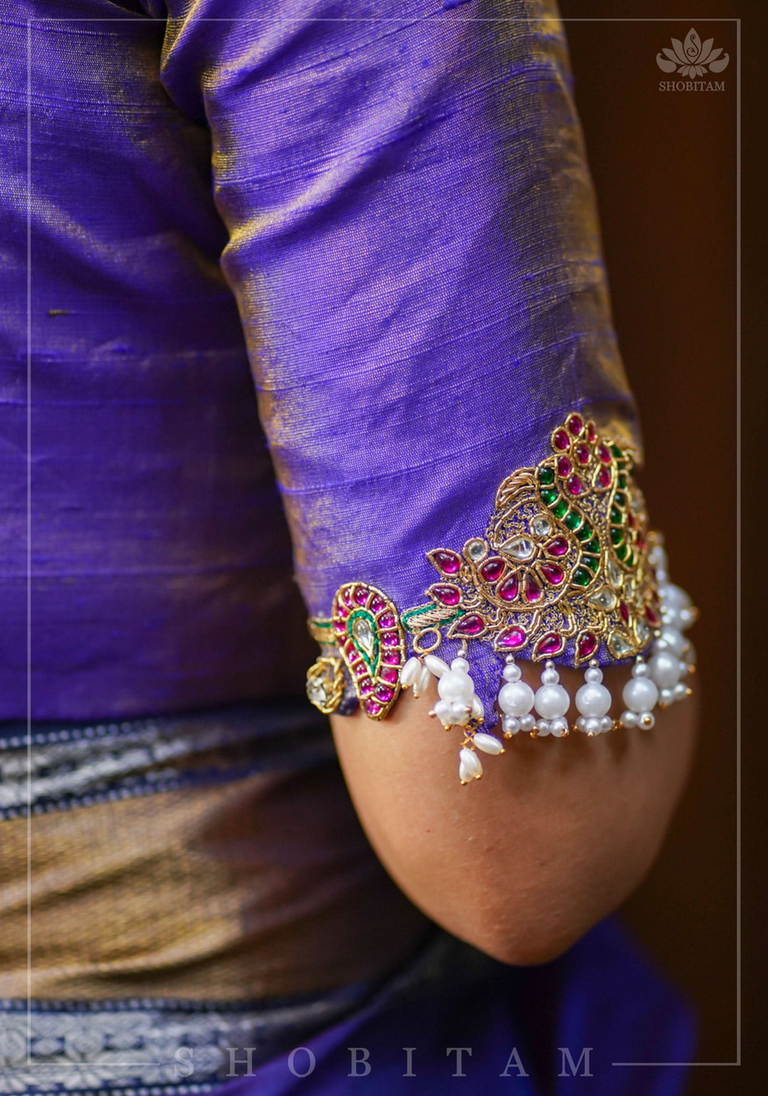 Guttapusalu and bajuband handwork on exotic Pure Tissue Raw Silk Blouse in Lilac